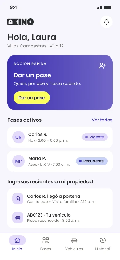 App de KINO para residentes: acción rápida Dar un pase, pases activos e ingresos recientes