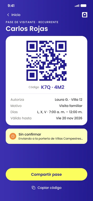 Pase de visitante creado en KINO con código QR, autor, motivo, días y fecha de vigencia